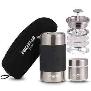 lot 13727 image: POLIVIAR French Press Coffee Maker, 12 oz Portable French Press with Mini Canister and Collection Bag, Double Wall Insulation & Dual- Filter Screen, Food Grade Stainless Steel for Coffee