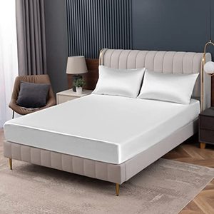 lot 13728 image: Homiest White Satin Fitted Sheet King Size Fitted Bed Sheet, Deep Pocket Fitted Sheet Only, Luxury & Ultra Soft Bedding Fitted Sheet Single Bottom Bed Sheets Sold Separately