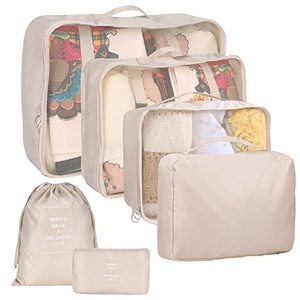 lot 13731 image: 6 Set Packing Cubes for Suitcases, kingdalux Beige Travel Luggage Packing Organizers with Laundry Bag, Compression Storage Shoe Bag, Clothing Underwear Bag, for Man & Women
