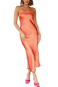 lot 13742 image: MAYSTEPPE Womens Satin Tube Strapless Dress Backless Cut Out Formal Bodycon Dress Wedding Cocktail Party Sexy Maxi Dresses Orange