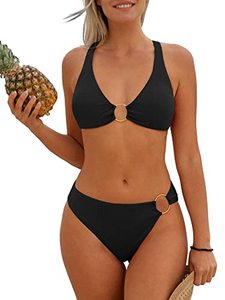 lot 13744 image: CALSUZ Women Two Piece Bikini Set Tie Back Bathing Suit O-Ring High Waisted Swimsuit Top with Bottom Black Bikini SetsL