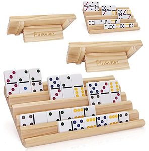 lot 13751 image: plusvivo Domino Racks with Stand Set of 4, Mexican Train Dominoes Set Trays Wooden Domino Holders for Mexican Train and Other Domino Games for Kids & Adults - Hobbies, Indoor Activities & Family Fun