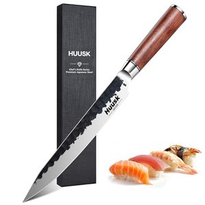 lot 13753 image: Huusk Japanese Slicing Knife 8 Inch Sushi Knife, Hand Forged Sashimi Knife with Ergonomic Handle for Carving Turkey Cutting Meats, Vegetables, and Fruits (visible use)