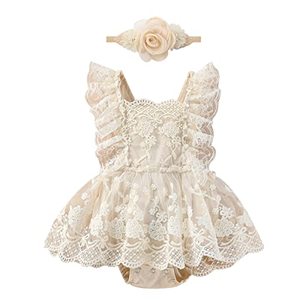 lot 13759 image: Baby Girls Boho Romper Dress 1st Birthday Cake Smash Outfit Girl Newborn Photography Infant Toddler Easter Summer Jumpsuit Headband Lace Christening Clothes Photoshoot Khaki Flower 6-12 Months