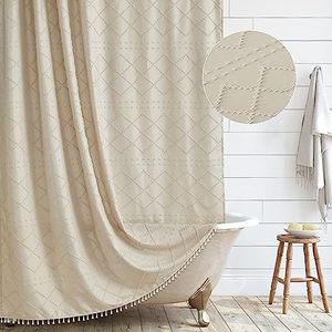 lot 13760 image: Siiluminisoy Boho Farmhouse Shower Curtain Woven Fabric CreamBeige Shower Curtain, 72 x 72 Tufted Chevron Textured Striped Modern Minimalist Cloth Shower Curtain Set with Hooks for Bathroom