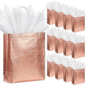lot 13770 image: Sweetude Rose Gold Gift Bags with Handles Reusable Bridesmaid Gift Bags Glossy Non Woven with Tissue Paper Glitter Bachelorette Bags for Wedding Birthday Baby Shower (10 x 8 x 4 Inch)
