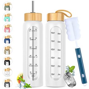 lot 14144 image: SipZest 32 oz Glass Water Bottle with Straw - Motivational Glass Water Bottle with Time Marker & Silicone Sleeve - Reusable Glass Tumbler Includes 1 Bamboo Lid & Fruit Infuser - 1 Pack