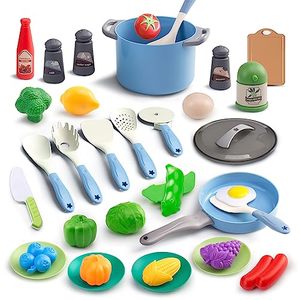 lot 14150 image: Bruvoalon Kids Kitchen Toy Accessories, Toddler Pretend Cooking Playset with Play Pots and Pans, Utensils Cookware Toys, Play Food Set, Canned Toy Vegetables, Learning Gift for Girls Boys