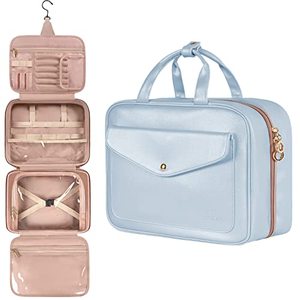lot 14151 image: Travel Makeup Bag, Hanging Toiletry Bag for Women, Large Waterproof Cosmetic Bag Travel Organizer with Elastic Band Holders for Full Sized Container, Accessories, Toiletries, Cosmetics, Brushes, Blue