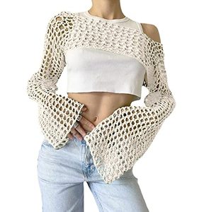 lot 14153 image: UATKIMI Womens Crochet Crop Tops Summer Mesh Hollow Out Bikini Cover Ups Long Sleeve Short Y2K Streetwear(Beige,S)