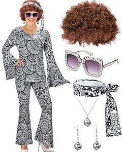 lot 14162 image: Jexine Halloween 70s Womens Disco Costume Set Lady Disco Party Top Pants Sunglasses Ball Necklace Earring Explosive Wig (Vivid Style,X-Large)