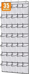 lot 14164 image: MISSLO 35 Large Pockets Over The Door Shoe Organizer Sturdy Oxford Fabric Hanging Shoe Rack for Door Mesh Closet Shoe Holder Hanger, White