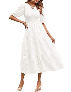 lot 14170 image: MEROKEETY Womens 2023 Summer Puff Sleeve Smocked Floral Dress Crewneck Lace Flowy Tiered Midi Dresses,White,L