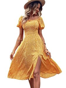 lot 14197 image: SweatyRocks Womens Boho Short Puff Sleeve Floral Dress Slit A Line Flare Midi Dresses Yellow M