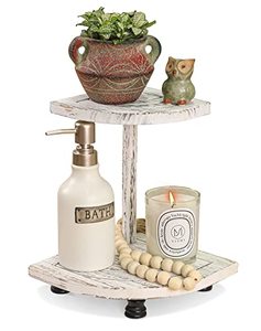 lot 14201 image: Tikea Decorative Wood Riser for Display, 2-Tier Farmhouse Corner Shelf for Kitchen Bathroom Counter Decor, Pedestal Stand for Soap Dispenser, Candle and Plant (White)