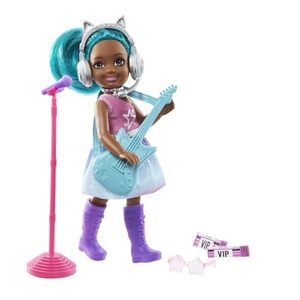 lot 14208 image: Barbie Chelsea Can Be Playset with Brunette Chelsea Rockstar Doll (6-in), Guitar, Microphone, Headphones, 2 VIP Tickets, Star-Shaped Glasses, Great Gift for Ages 3 Years Old & Up