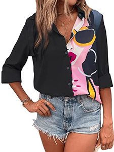 lot 14211 image: SHENHE Womens Figure Graphic Colorful Button Down Shirts Long Sleeve Collared Shirt Blouse Tops Black S