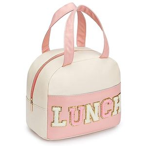 lot 14212 image: Lunch Bag for Women Insulated Lunch Bag For Men PU leather Small Lunch Bag for Office Work lunch Bag with Chenille Letters Leakproof Freezable Cooler Bag Reusable Portable Lunch Box (White&Pink)