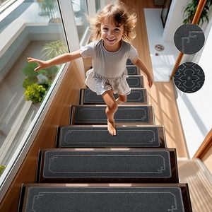 lot 14231 image: Yecaye 15Pcs Stair Treads for Wooden Steps Indoor 8x30 Non Slip Runners - Carpet for Stairs for Kids, Elders, Pets, Grey