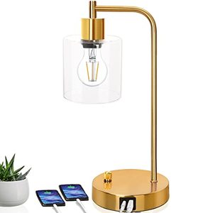 lot 14234 image: Gold Industrial Table Lamp with 2 USB Ports, Kiampon Elizabeth Vintage Desk Lamp, 3-Way Dimmable Bedside Reading Lamp with Glass Shade for Bedroom Living Room Office, LED Nightstand Lamp with E26 Bulb