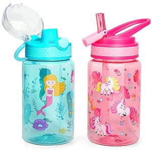 lot 14245 image: Home Tune 16oz Kids Water Drinking Bottle - Tritan BPA Free, Auto Flip Chug Lid, Sip Straw Lid, Carry Loop, Lightweight, Leak-Proof, Cute Design For Girls & Boys - Mermaid & Unicorn