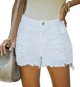 lot 14246 image: MINGALONDON Womens Denim Shorts Mid Waisted Raw Hem Ripped Jeans Fashion Chic Plus Size Short Summer Daily Wear White XXL