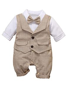 lot 14266 image: HeMarIsle Infant Newborn Baby Toddler Boy Gentleman White Shirt Vest Bowtie Tuxedo Suit Onesie Dressy Outfit (7034Khaki, 9-12 M)