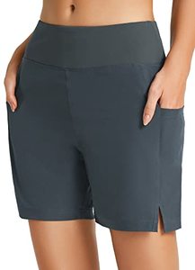 lot 14269 image: BALEAF Womens 5 Swim Shorts High Waisted Swimming Board Shorts Tummy Control Swimsuit Bottoms with Pockets Dark Grey L