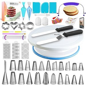 lot 14270 image: RFAQK 150PCs Cake Decorating Kit Baking Supplies Tools with Ebook and Booklet, 3in1 Cake Turntable for Decorating Cakes Cupcakes Cookies with Piping Bags and Tips Set, Leveler, Spatula & much more