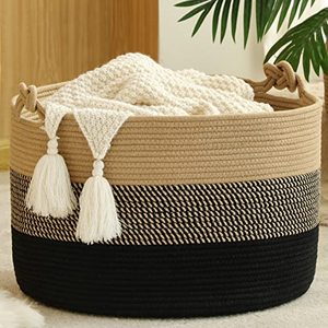 lot 14272 image: KAKAMAY Large Blanket Basket (20x13),Woven Rope Baskets for storage Baby Laundry Hamper, Cotton Rope Blanket Basket for Living Room, Laundry, Nursery, Pillows,Baby Toy chest (JuteBlack)