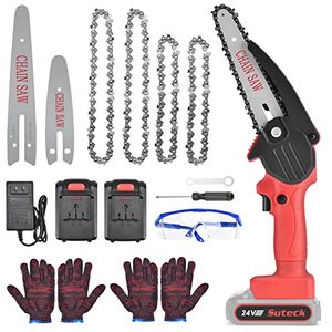 lot 14274 image: Suteck Mini Chainsaw Cordless, 6 Inch 4 Inch 2-in-1 Handheld Chainsaw Battery Powered with 2 Pcs 24V 2000mAh Rechargeable Battery Electric Pruning Saw for Garden Yard Tree Trimming Branch Wood Cutting