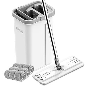 lot 14276 image: BOSHENG Mop and Bucket with Wringer Set, Hands Free Flat Floor Mop and Bucket, 3 Washable Microfiber Pads Included, Wet and Dry Use, Home Floor Cleaning System for All Floor Types and Windows