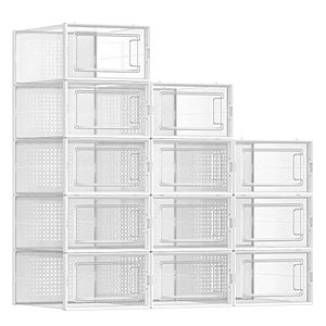 lot 14277 image: SONGMICS Shoe Boxes, Pack of 12 Shoe Storage Organizers, Stackable Clear Plastic Boxes for Closet, Sneakers, 9.1 x 13.1 x 5.6 Inches, Fit up to US Size 11, Transparent and White ULSP12SWT