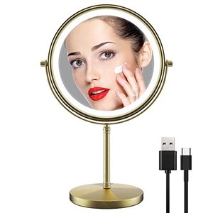 lot 14280 image: zelaxy 8 Inch Makeup Vanity Mirror with Lights, Rechargeable Double Sided 1X 10X Magnifying Mirror, Lighted Makeup Mirror with 3 Color Lighting, Touch Sensor Dimming, Brightness Adjustable (Bronze)
