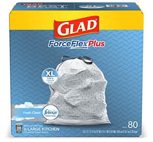 lot 14287 image: Glad ForceFlex MaxStrength X-Large Kitchen Drawstring Trash Bags, 20 Gallon, Fresh Clean Scent with Febreze Freshness, 80 Count