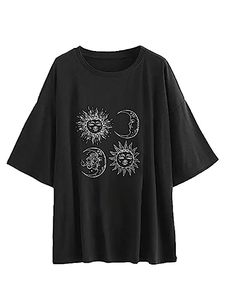 lot 14315 image: Fenxxxl Womens Drop Shoulder Cute Oversized Graphic t Shirt Sun and Moon Print Loose Casual Boyfriend Tee Tops F491-403-Black S