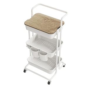 lot 14327 image: DTK 3 Tier Utility Rolling Cart with Cover Board, Storage Cart with Handle and Locking Wheels Kitchen Cart with 2 Small Baskets and 4 Hooks for Bathroom Office Balcony Living Room(White)
