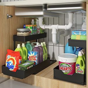 lot 14328 image: REALINN Under Sink Organizers and Storage, 2 Pack Slide out Kitchen Under Sink Storage Rack, Bathroom Cabinet Organizer Baskets