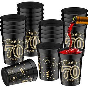 lot 14337 image: 20 Pack Gold Black Plastic Cups 8 oz Cheers to Birthday Party Cups Personalized Wedding Anniversary Decorations Stadium Disposable Cups for Men Women (70th)
