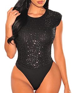 lot 14347 image: Lrady Womens Round Neck Sequins Sparkling Sleeveless Body Suit Tops Shirts L