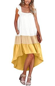 lot 14357 image: KIRUNDO Women 2023 Summer Sleeveless Ruffle High Low Square Neck Midi Dress Loose Fit Pleated Flowy Holiday Beach Sun Dress(White Yellow, Small)