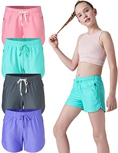 lot 14360 image: 4 Pack Youth Girls Athletic Shorts 3, Girls Soccer Shorts, Kids Workout Gym Clothes Activewear Apparel with Zipper Pockets (Set 1, Medium)