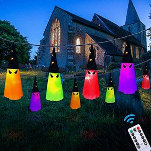 lot 14375 image: MAOYUE Halloween Decorations Outdoor 8Pcs Hanging Lighted Glowing Ghost Hat Decorations 36ft Halloween Lights String Battery Operated Halloween Decor with 8 Lighting Modes for Outdoor, Yard, Tree