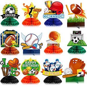 lot 14377 image: 12 Pieces Sports Themed Birthday Party Supplies Sports Centerpieces for Kids 3D Football Soccer Baseball Basketball Softball Honeycomb Centerpieces Ball Party Decoration for Boys Kids