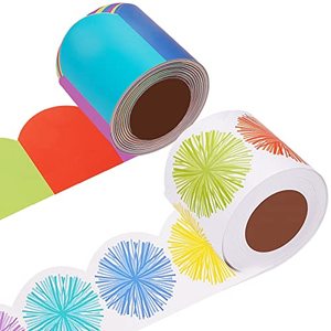 lot 14383 image: 2 Rolls Bulletin Board Borders,99 ft Colorful Scalloped Borders Trim for Bulletin Boards, Desks, Lockers, Home, School or Classroom Decor(Rainbow and Burst Pom)