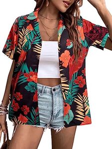 lot 14389 image: Womens Hawaiian Shirt Cool Aloha Floral Top Summer V Neck Button Down Short Sleeve Shirt Casual Holiday Tropical Blouse Black