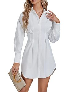 lot 14391 image: LYANER Womens Collar Buttons Down Pleated Long Sleeve Flared Mini Shirt Dress White# Large
