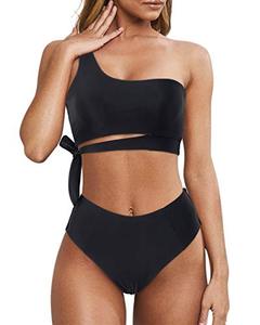 lot 14401 image: MOOSLOVER Women One Shoulder High Waisted Bikini Tie High Cut Two Piece Swimsuits(S,Black)