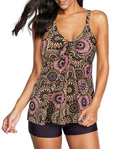 lot 14403 image: Zando Womens Tankini Swimsuits for Women Plus Size Bathing Suits for Women Tummy Control Athletic Two Piece Swimsuit with Boyshorts Coffee Flower 14-16