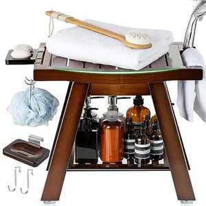 lot 14410 image: ETECHMART Bamboo Shower Bench Seat, A-Shaped Bath Spa Stool with Storage Shelf for Legs Shaving Inside Shower or Bathroom, Waterproof Wooden Shower Chair for Seniors Adults Disabled Elderly, Walnut